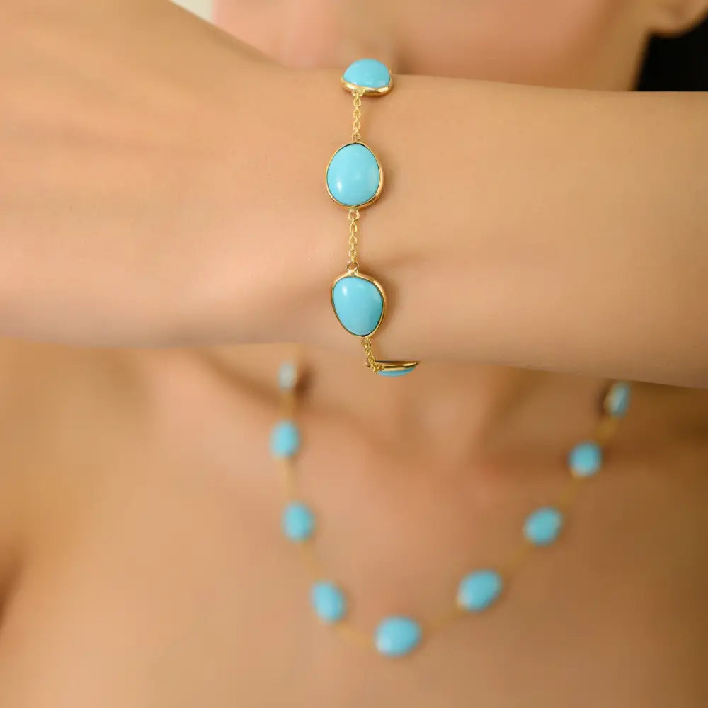 Dainty Bezel Set Turquoise Gemstone Simple Station Bracelet K14 Real Yellow Gold Jewelry