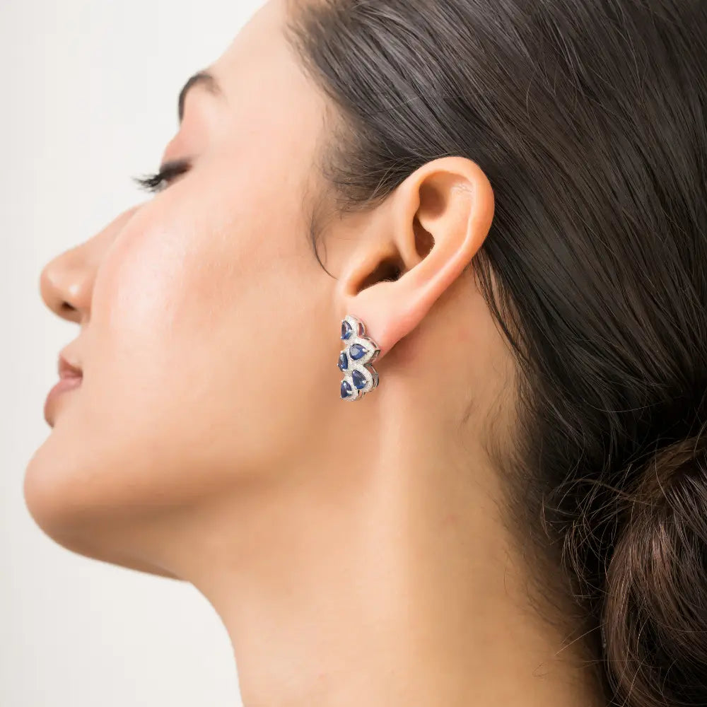 Unique Design Blue Sapphire & Diamond 14K Solid White Gold Wings Shape Halo Stud Earrings