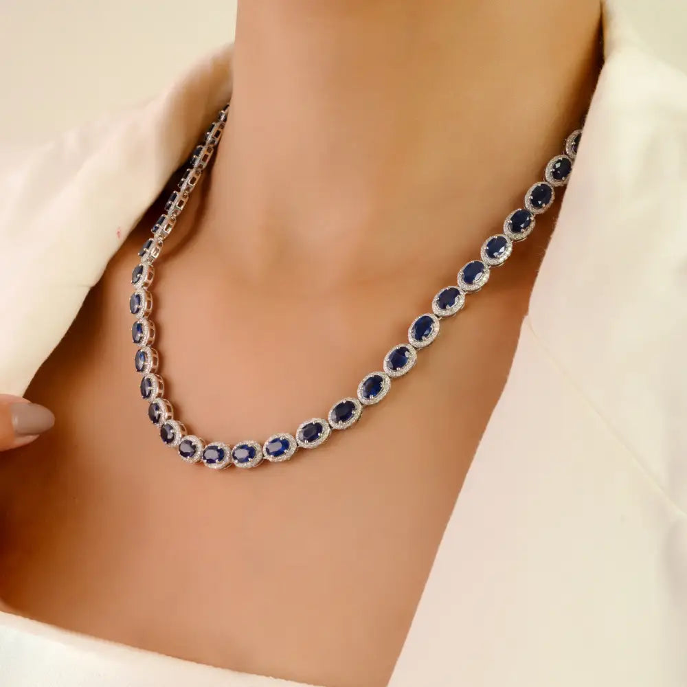 Exclusive Jewelry Statement Blue Sapphire & Diamond 14K White Gold Halo Tennis Necklace