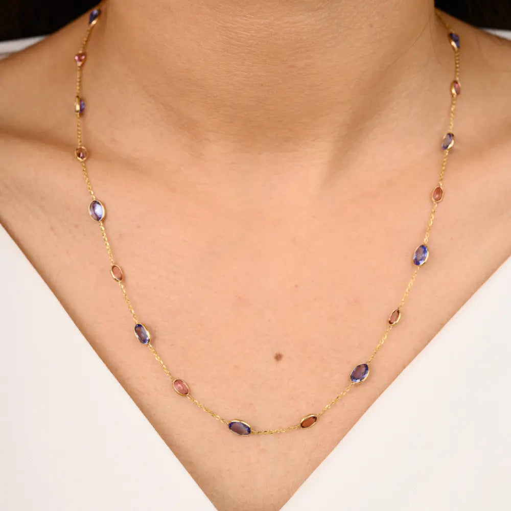 Tanzanite & Pink Tourmaline 18K Yellow Gold Handmade Long Chain Necklace