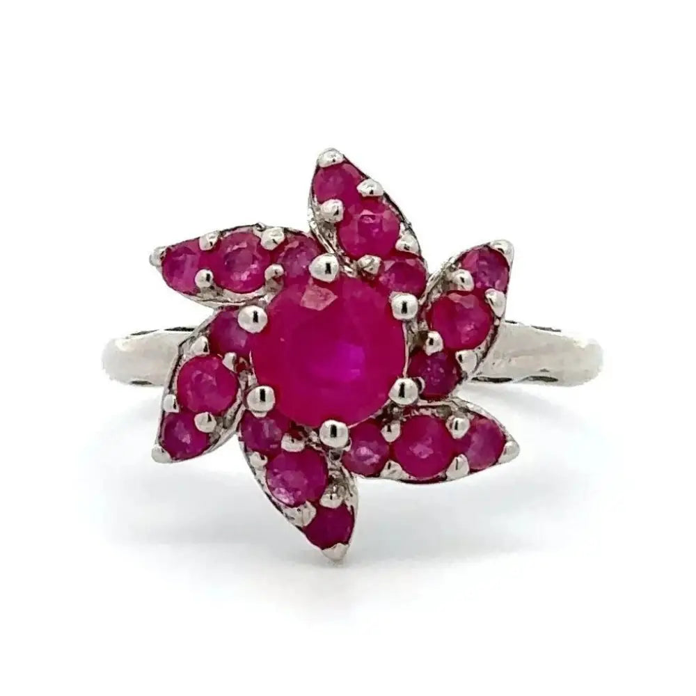 Premium Quality Round Cut Ruby Flower Ring For Valentine's Day Gift Set In Prong Setting 925 Sterling Silver