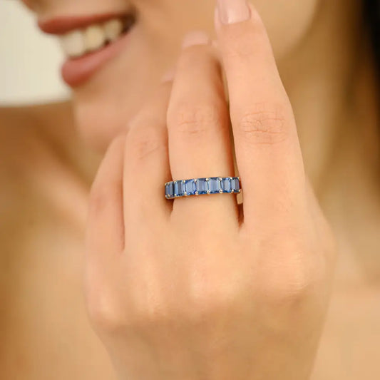 Best Seller 100% Authentic Blue Sapphire Half Eternity Band Ring Trending 14K Real Gold