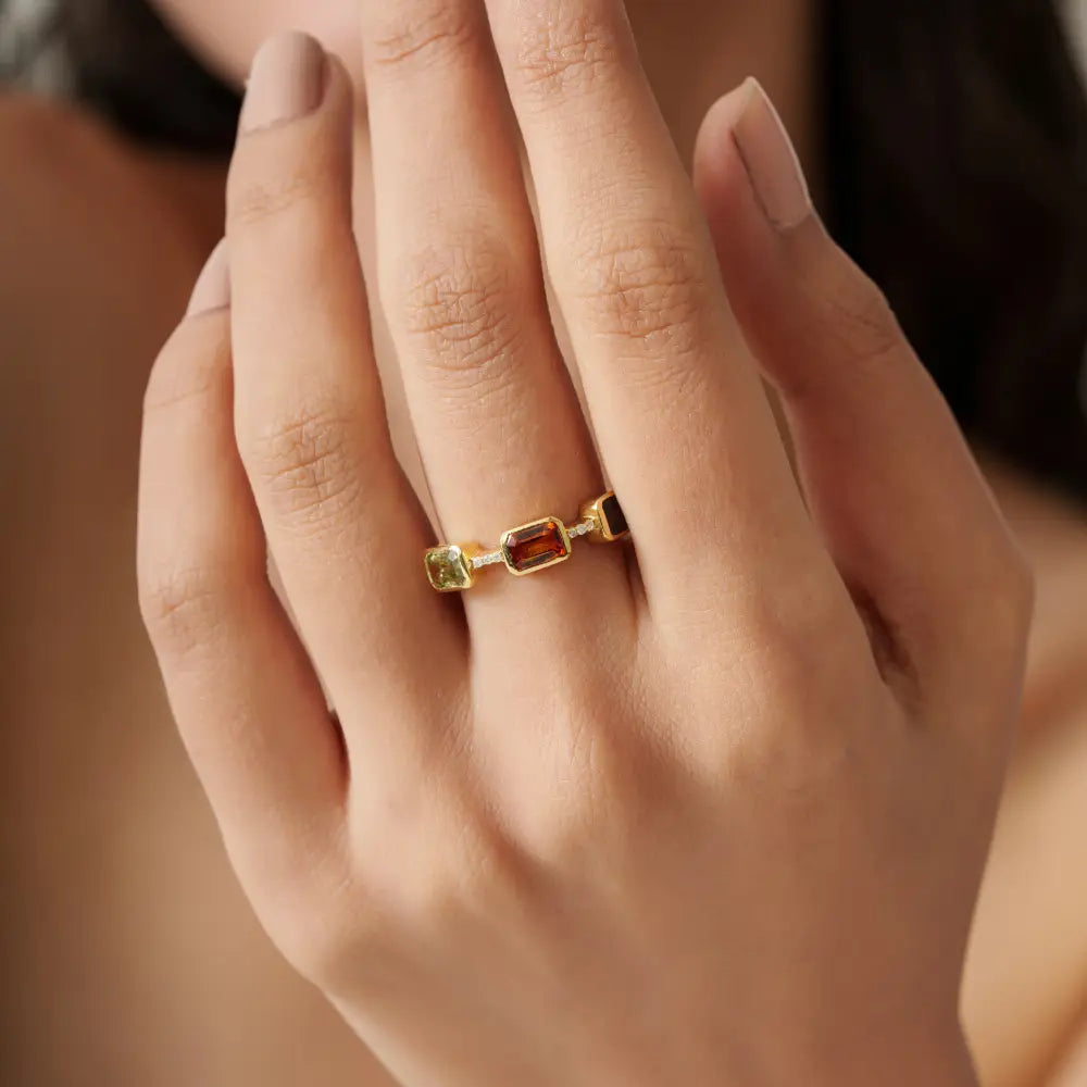 Elegant Design 14K Solid Yellow Gold Multi Sapphire & Diamond Three Stone Ring Stack Jewelry