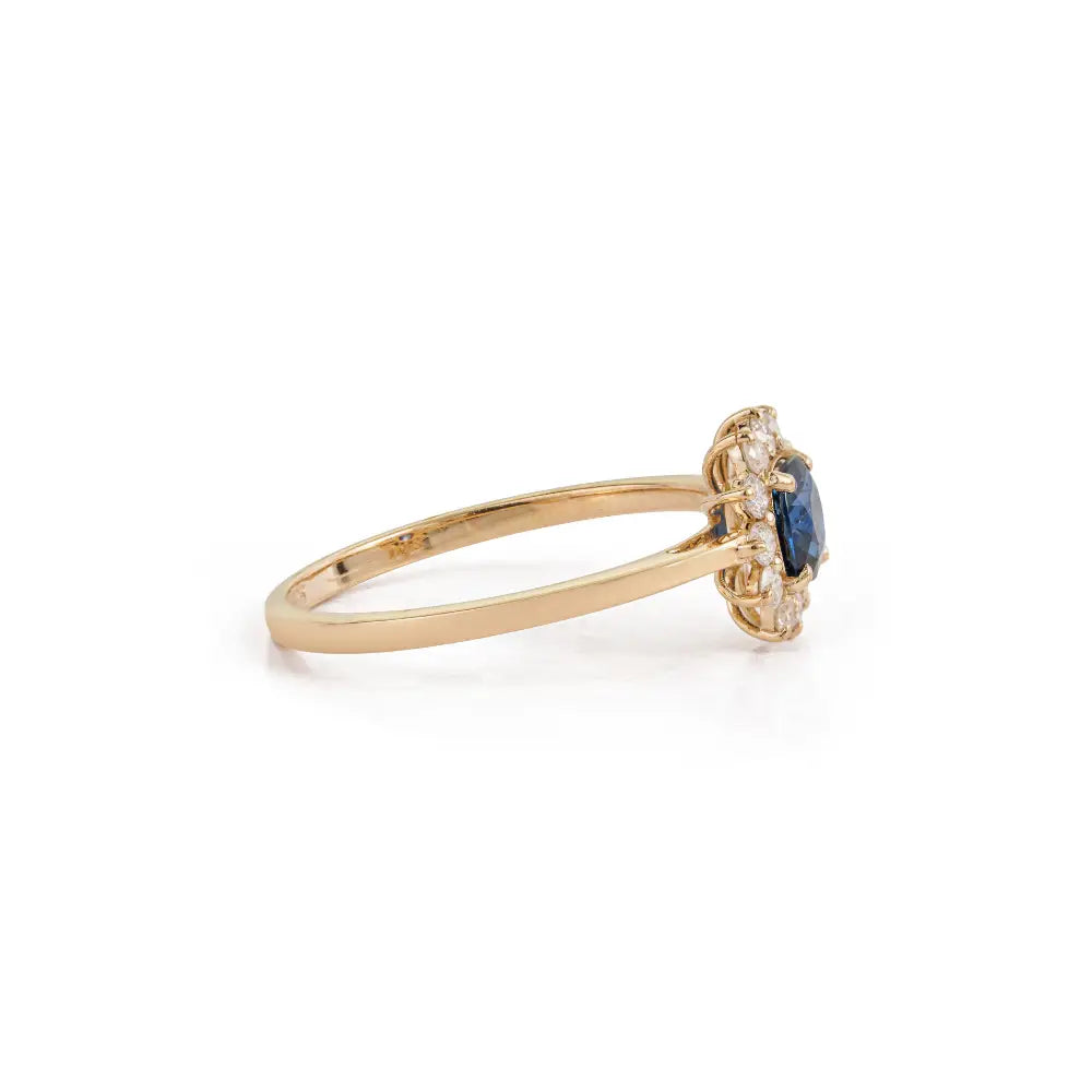 Prong Set Blue Sapphire & Diamond Solid K14 Yellow Gold Minimal Cluster Ring Fine Jewelry