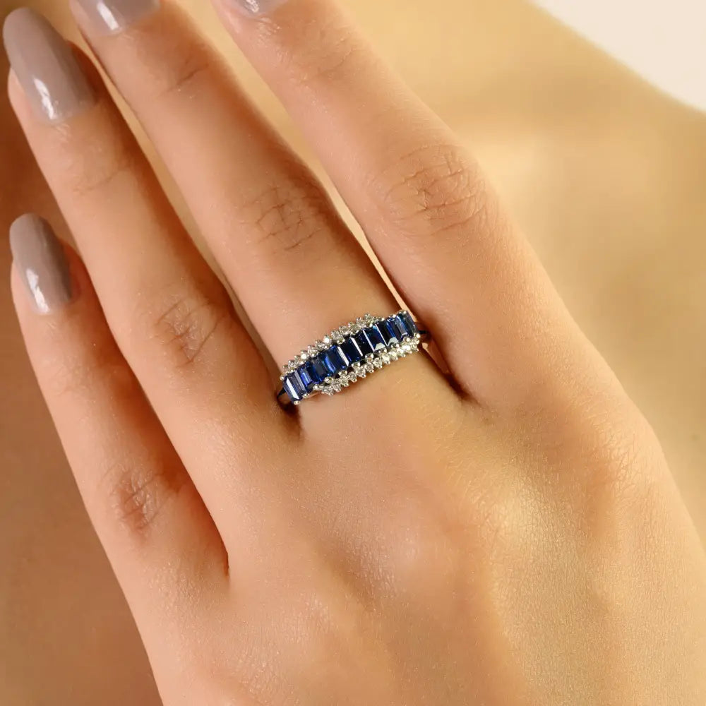 14K White Gold Blue Sapphire & Diamond Statement Zig Zag Ring Wholesale Designer Jewelry