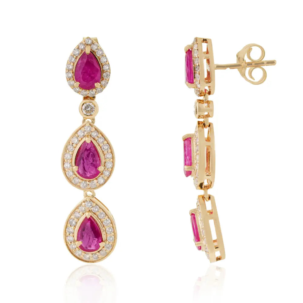 100% Real Ruby & Diamond Halo Teardrop Dangle Earrings Solid 14K Yellow Gold Jewelry