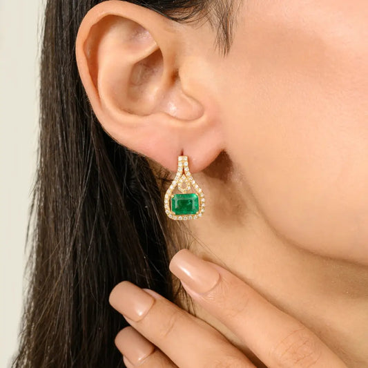 Latest Design Emerald & Diamond 18K Yellow Gold Drop Earrings For Party Wear Trending Jewelry