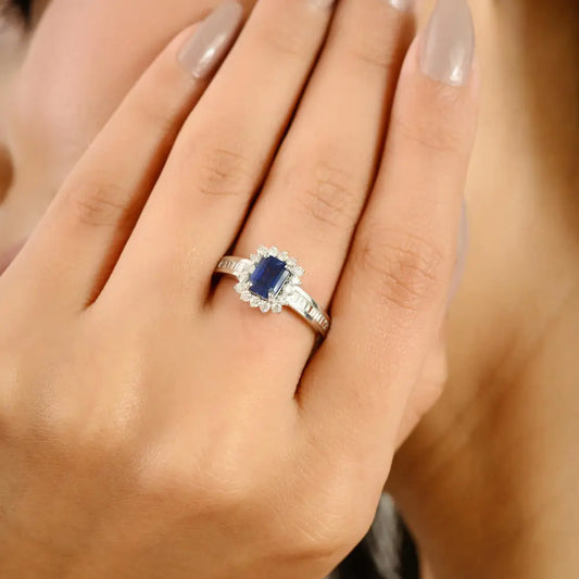 Prong Setting Blue Sapphire & Diamond Wedding Ring Newly Design 14K White Gold Jewelry