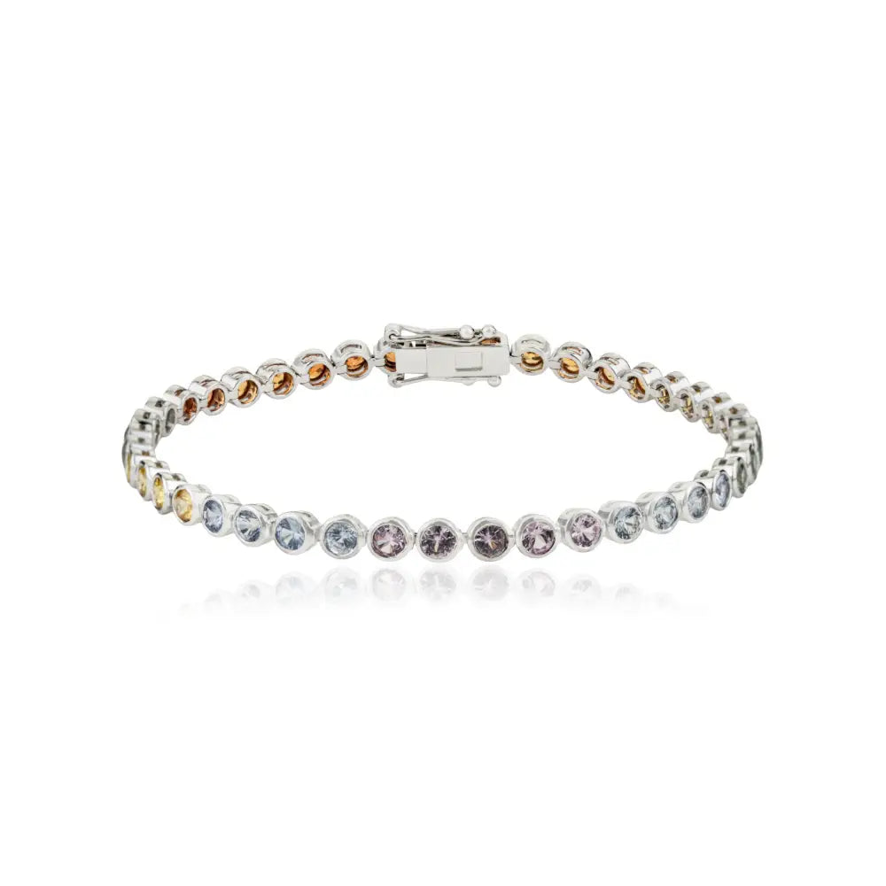 Round Cut Colorful Multi Sapphire Bezel Set Gemstone K14 White Gold Tennis Bracelet Unisex