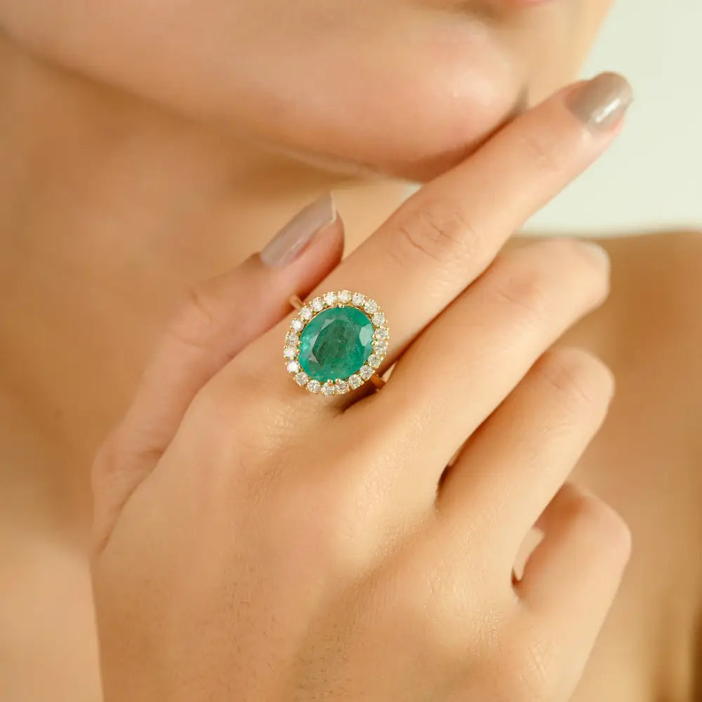 5ct. Zambian Emerald & Diamond Real 14K Yellow Gold Cluster Ring Bold Bridal Jewelry