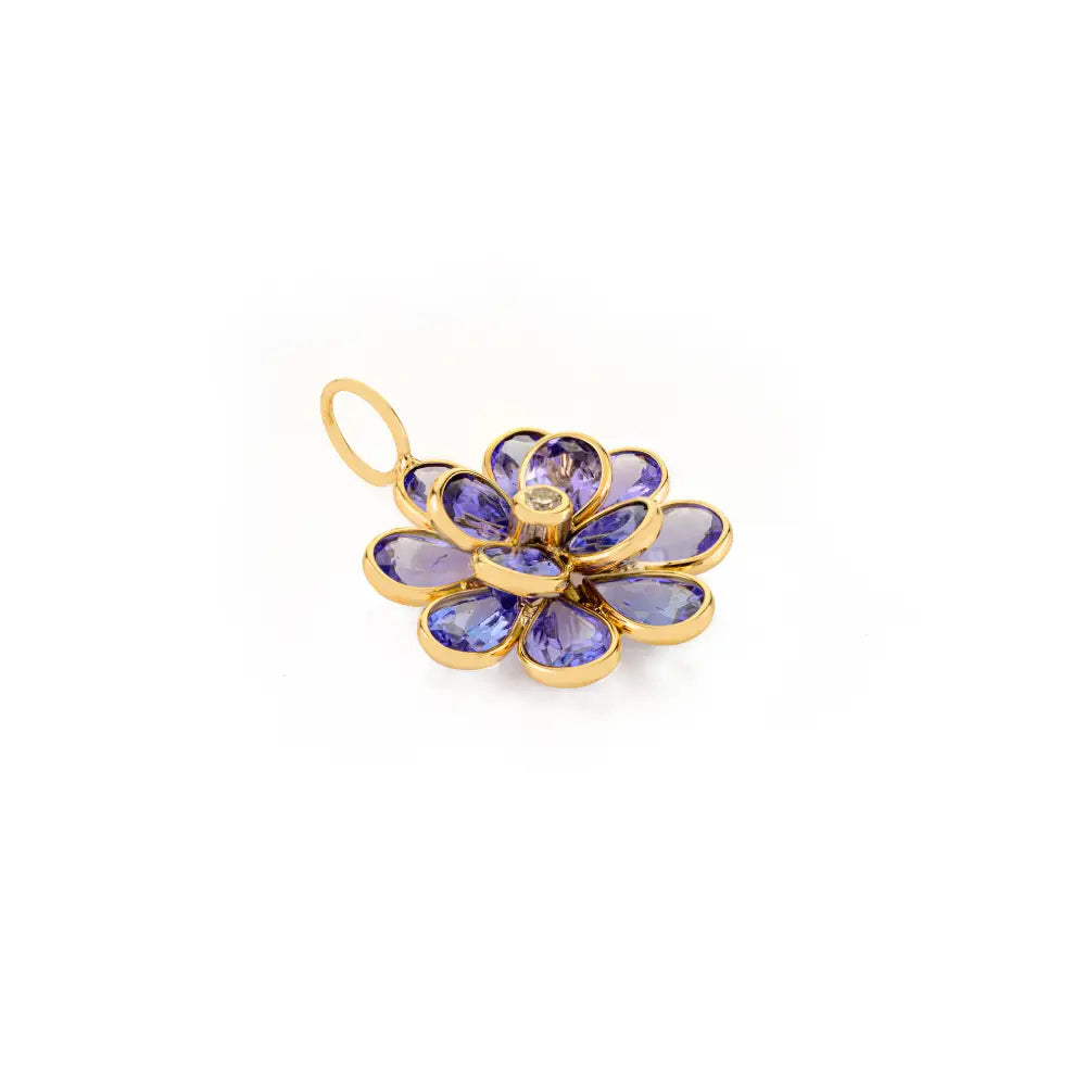 Bezel Set Tanzanite & Diamond K18 Real Yellow Gold Flower Shape Pendant Elegant Jewelry