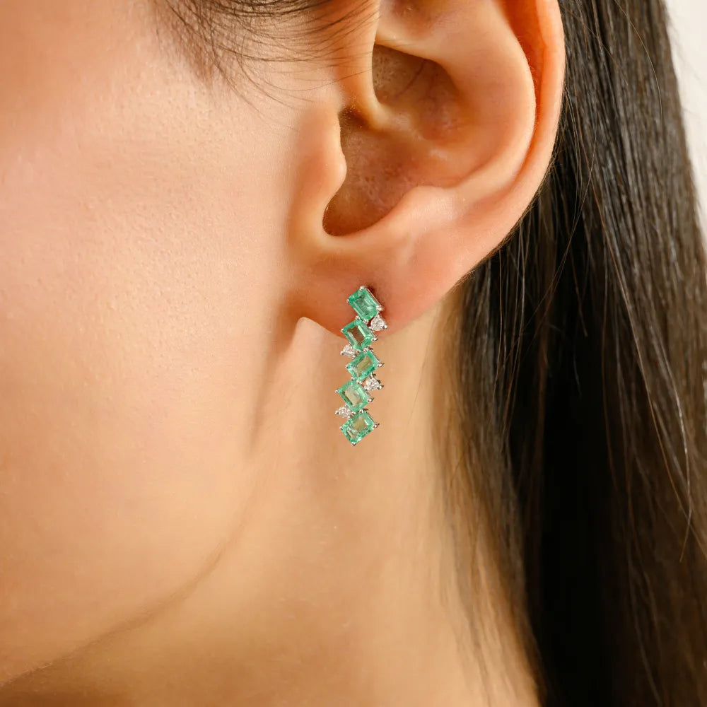 Octagon Emerald & Round Cut Diamond Zig Zag Earrings Solid 14K White Gold Women Jewelry