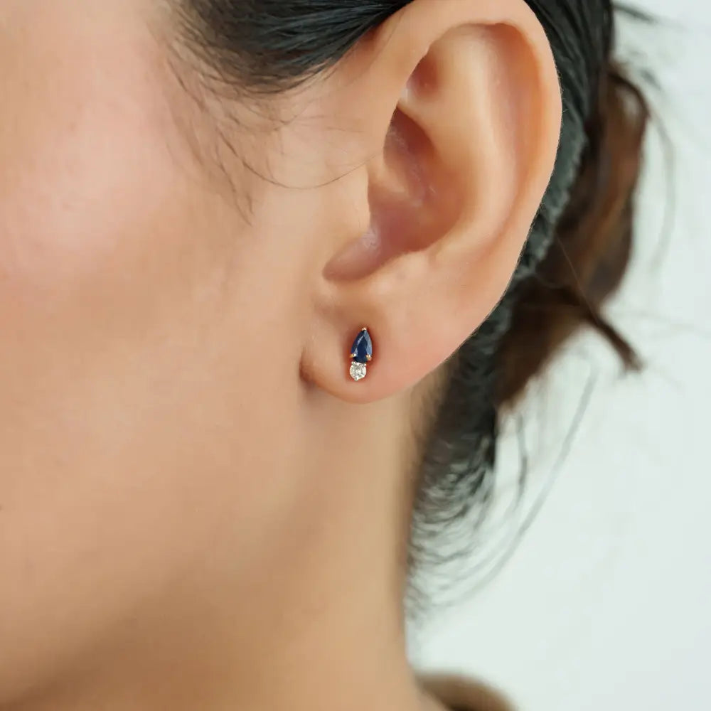 Best Selling Fine 14K Yellow Gold Blue Sapphire & Diamond Minimal Gemstone Stud Earrings