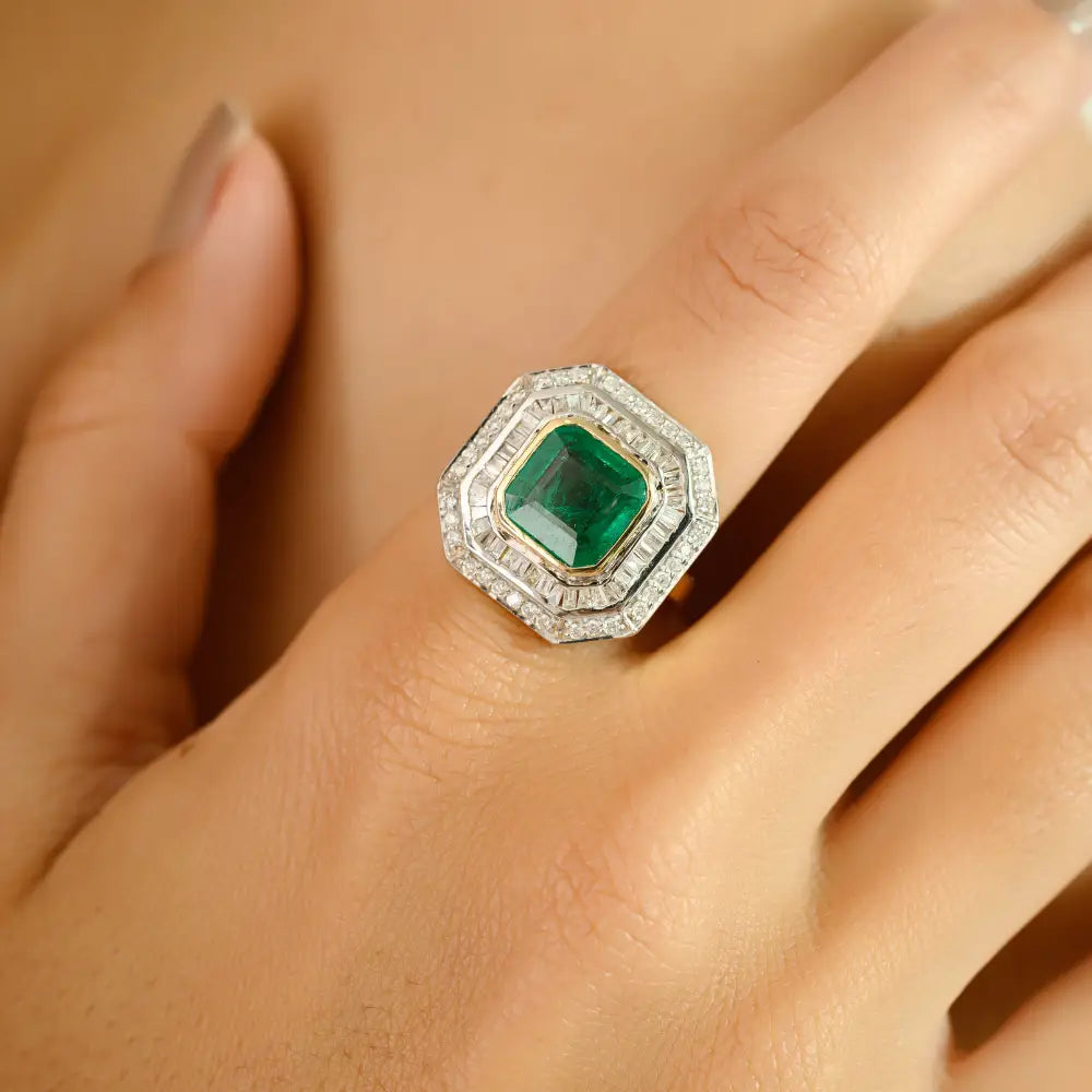 Precious Gemstone Cushion Cut Emerald & Diamond 14K Yellow Gold Bold Wedding Ring