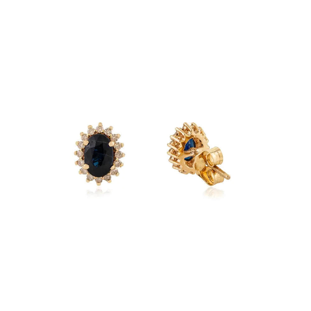 Blue Sapphire & Diamond Prong Setting Cluster Stud Earrings 14K Yellow Gold Minimal Jewelry