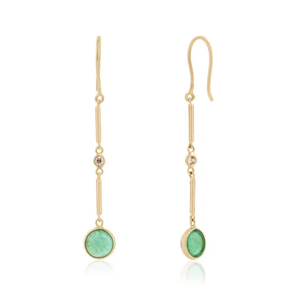 Simple Dainty Emerald & Diamond Dangle Earrings Solid K14 Yellow Gold Handmade Jewelry