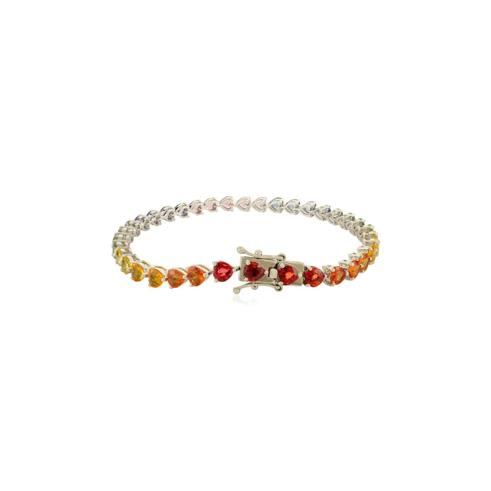 Heart Shape Rainbow Multi Sapphire 14K Solid White Gold Tennis Bracelet Stackable Jewelry
