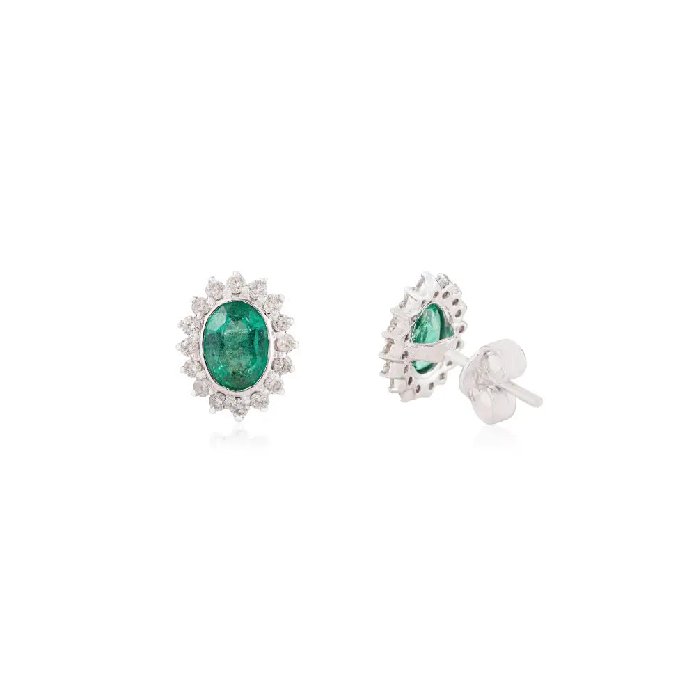 Zambian Emerald & Diamond Women's Cluster Stud Earrings Fine K14 White Gold Jewelry