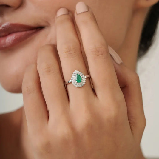 6x4 mm Emerald & Diamond Pear Shape Double Cluster Ring Classic 14K White Gold Jewelry