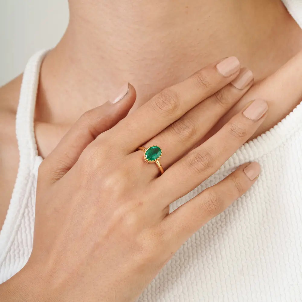 Oval Cut Emerald Solitaire Gemstone Engagement Ring Solid 18K Yellow Gold Fine Jewelry