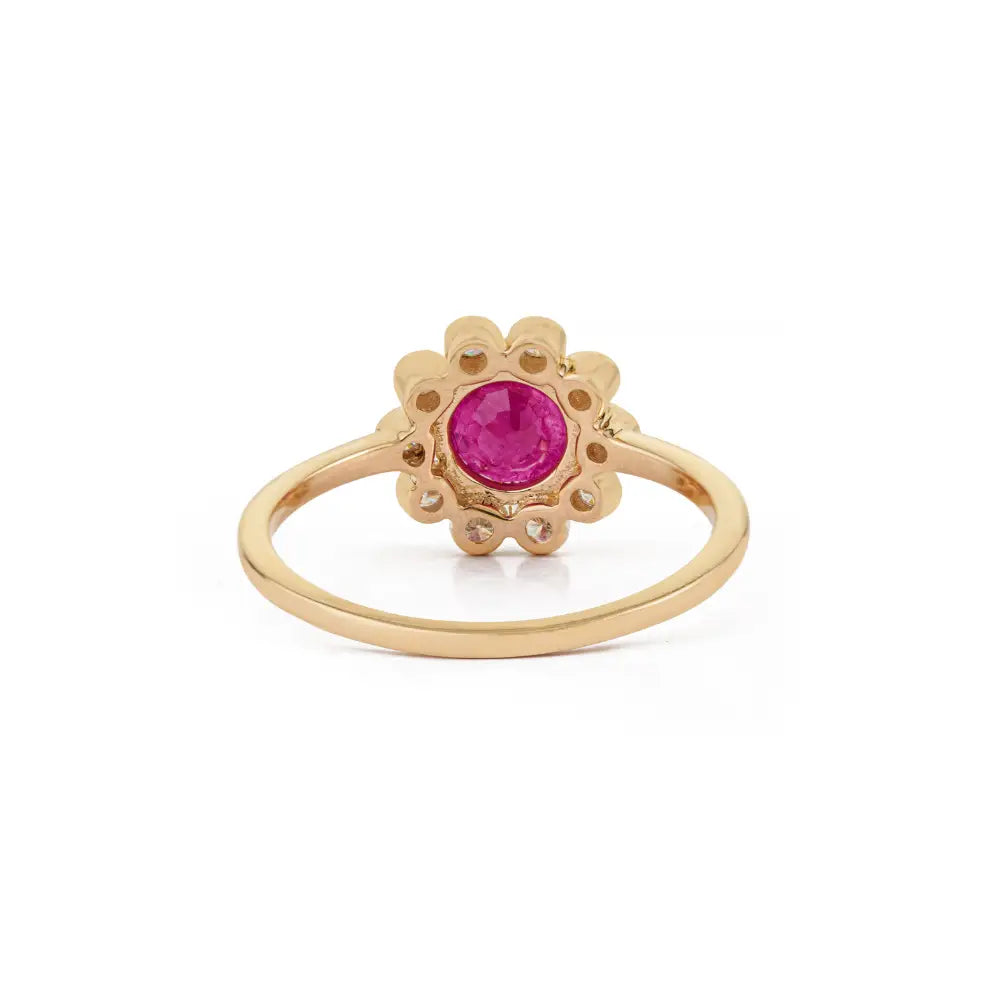 Round Cut Ruby & Diamond Floral Inspired Cluster Ring For Women's 14K Yellow Gold Gift For Her