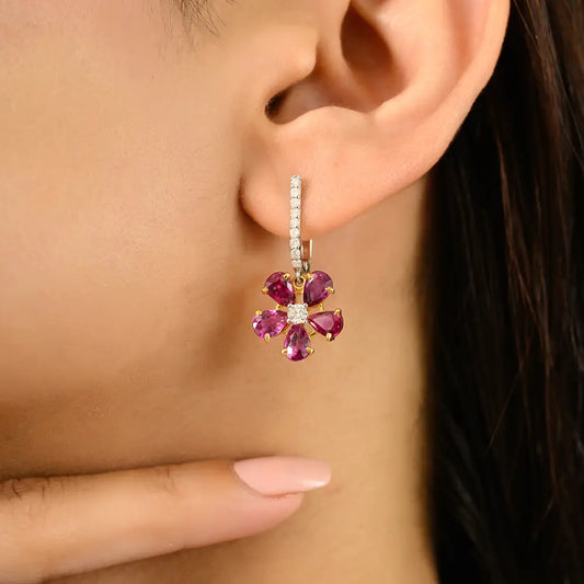 Real Ruby & Diamond Flower Design Drop Earrings 18K Solid Two Tone Gold Anniversary Gift