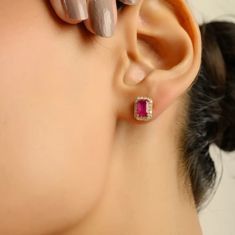 100% Authentic Ruby & Diamond Fine 18K Yellow Gold Halo Cluster Stud Earrings For Mom