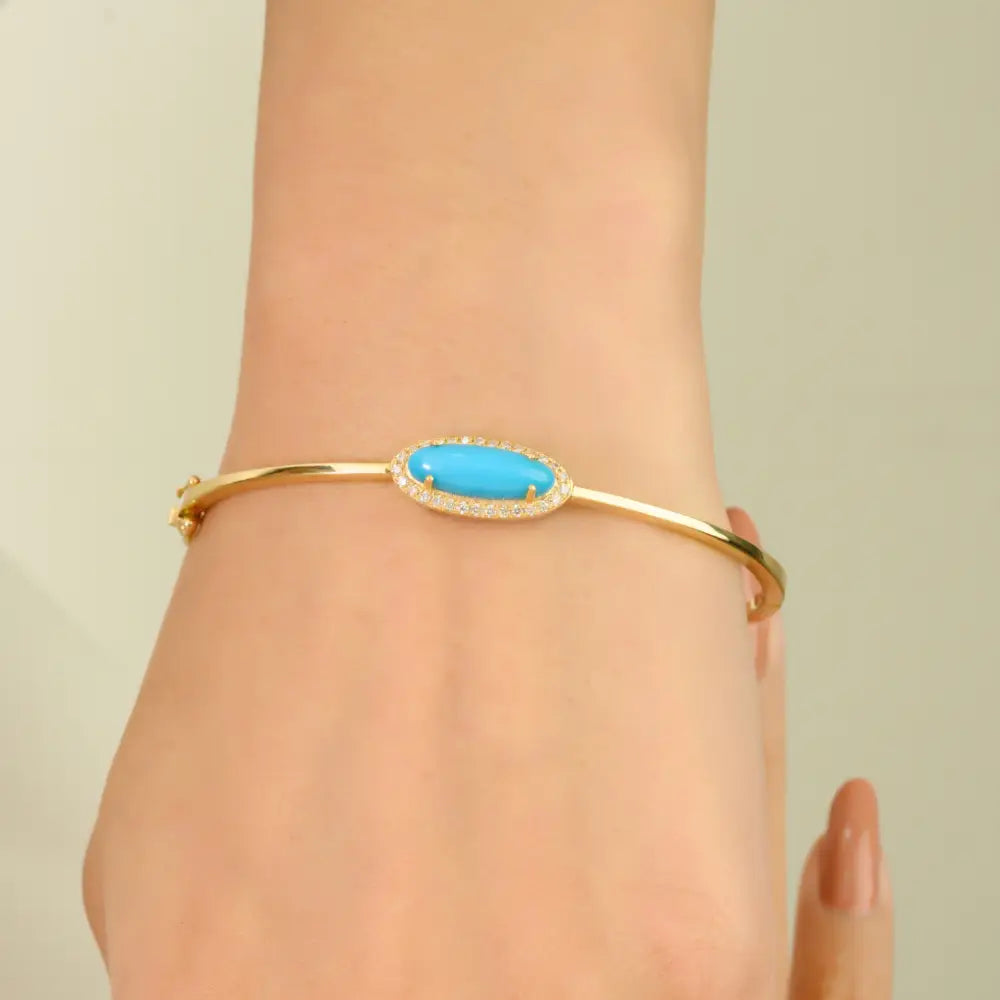 High Quality Turquoise & Diamond K14 Solid Yellow Gold Stackable Halo Bangle & Bracelet