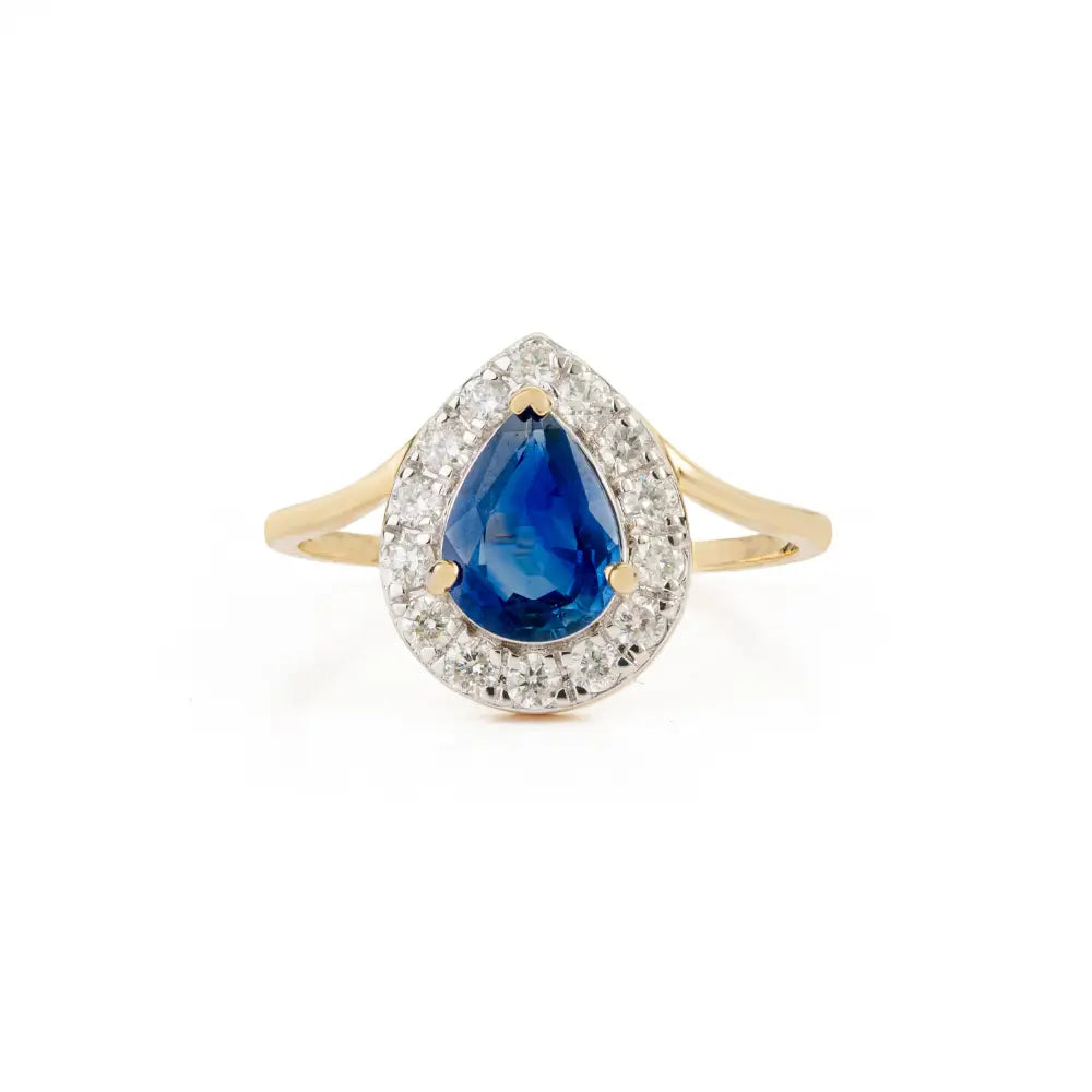 Wholesale Price Blue Sapphire & Diamond Real K14 Yellow Gold Halo Ring Birthstone Jewelry