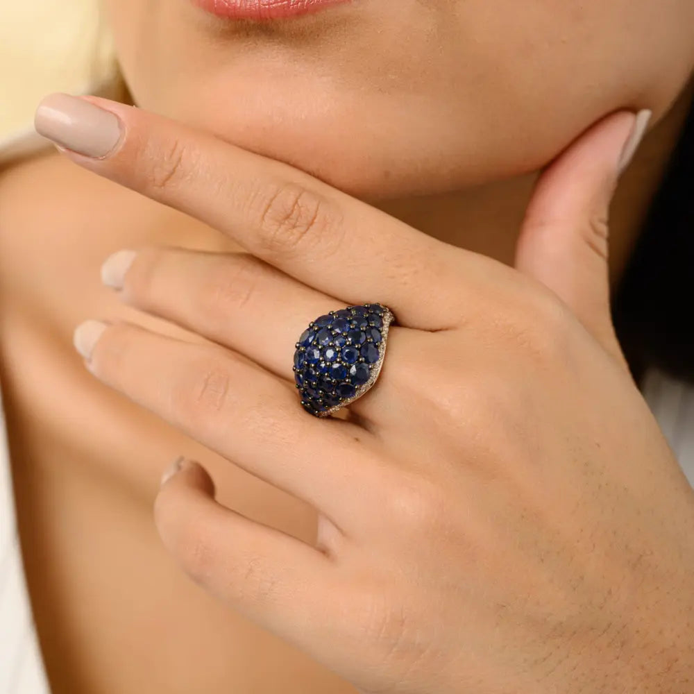 Natural Blue Sapphire & Diamond 18K White Gold Dome Ring Custom Jewelry