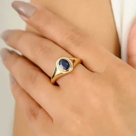 7X5 MM Oval Blue Sapphire Handmade Chunky Signet Ring 14K Pure Yellow Gold Unique Jewelry
