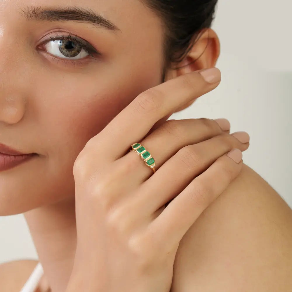 Bezel Set Emerald & Diamond Handmade Stackable Gemstone Ring K14 Solid Yellow Gold Jewelry