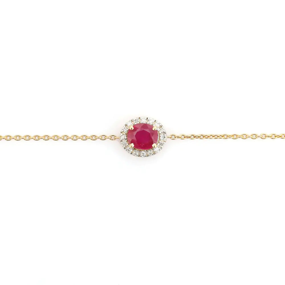 Stunning Precious Gemstone Ruby & Diamond 14K Yellow Gold Solitaire Halo Bracelet Women