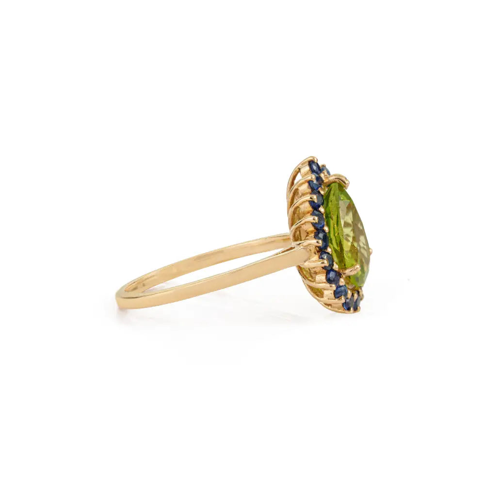 100% Natural Blue Sapphire & Peridot Real 18K Yellow Gold Pear Shape Cluster Ring