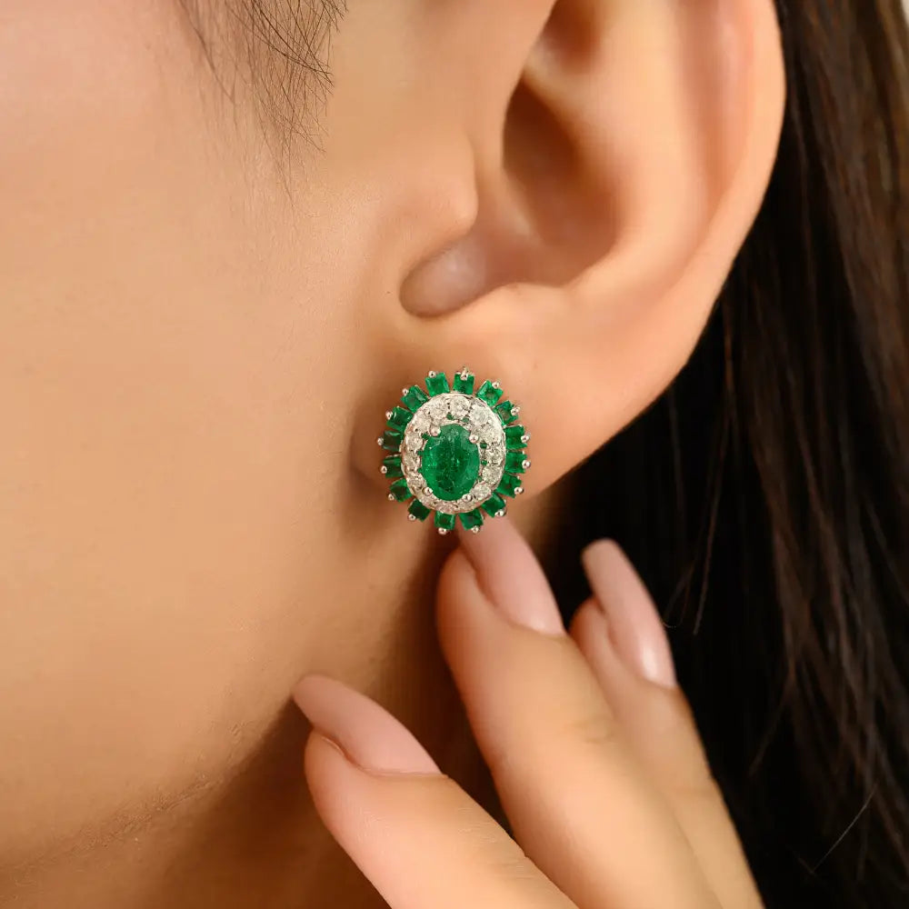 Hot Sale 14K White Gold Emerald & Diamond Unique Design Statement Stud Earrings For Women