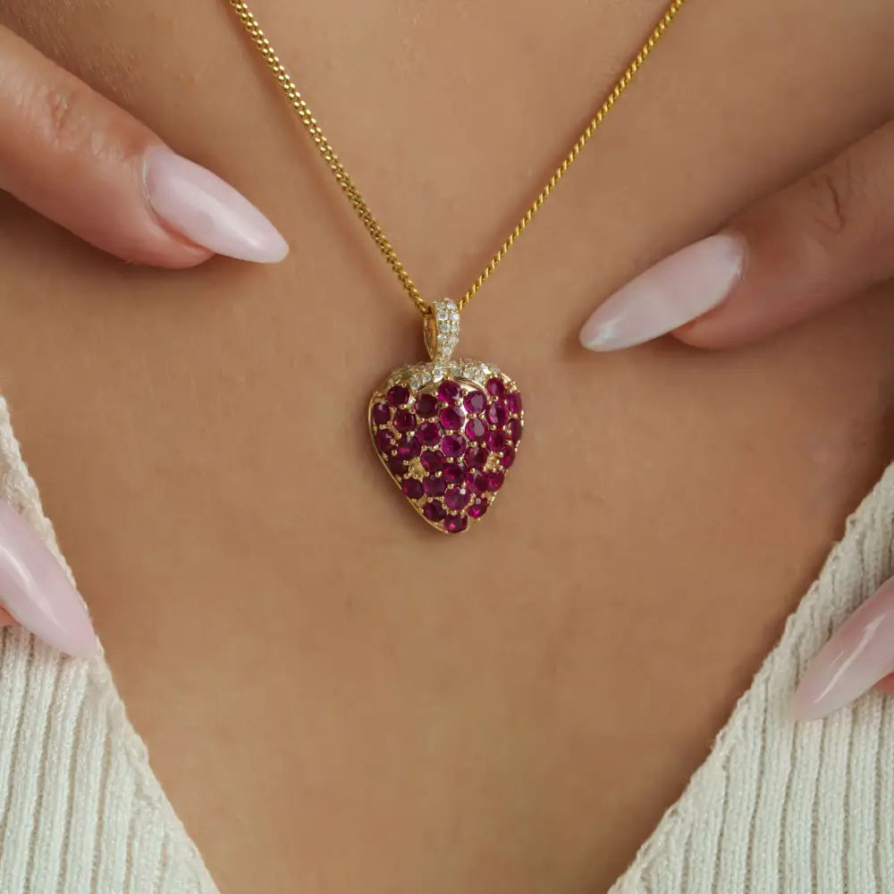 Unique Design Full Pave Set Ruby & Diamond Strawberry Pendant 14K Real Yellow Gold Jewelry