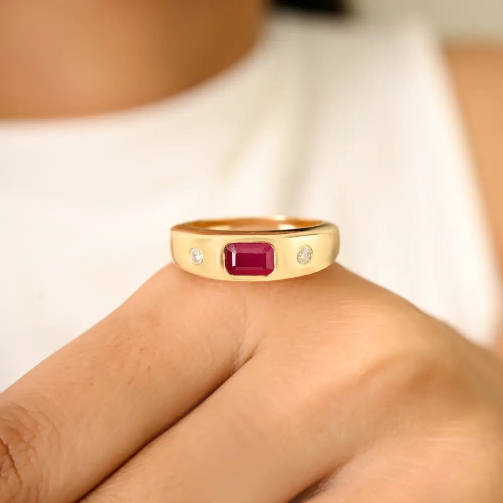 14K Yellow Gold Ruby & Diamond Chunky Gypsy Ring Latest New Design Anniversary Gift