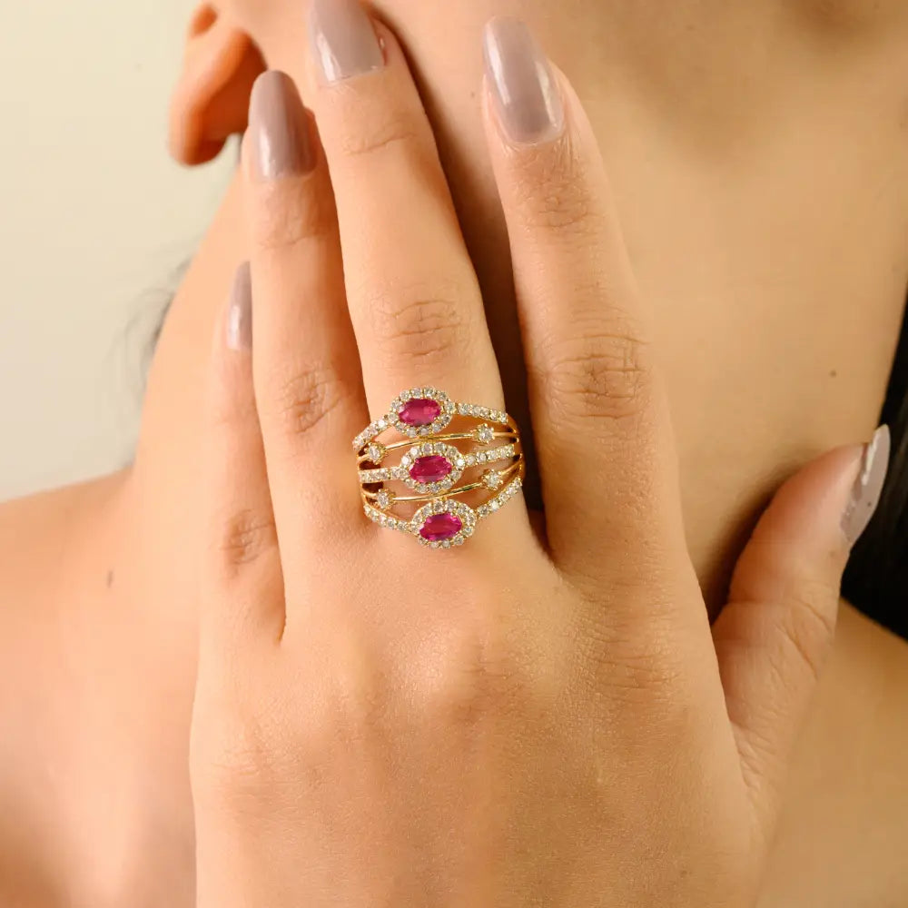 1.15 Ct. Ruby & Diamond Statement Multi Layer Ring Party Wear 14K Yellow Gold Fine Jewelry