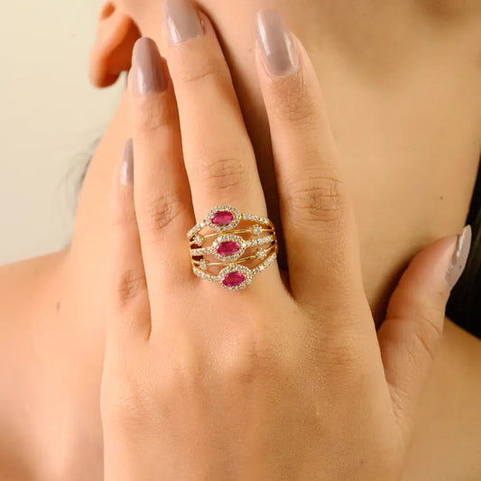 1.15 Ct. Ruby & Diamond Statement Multi Layer Ring Party Wear 14K Yellow Gold Fine Jewelry