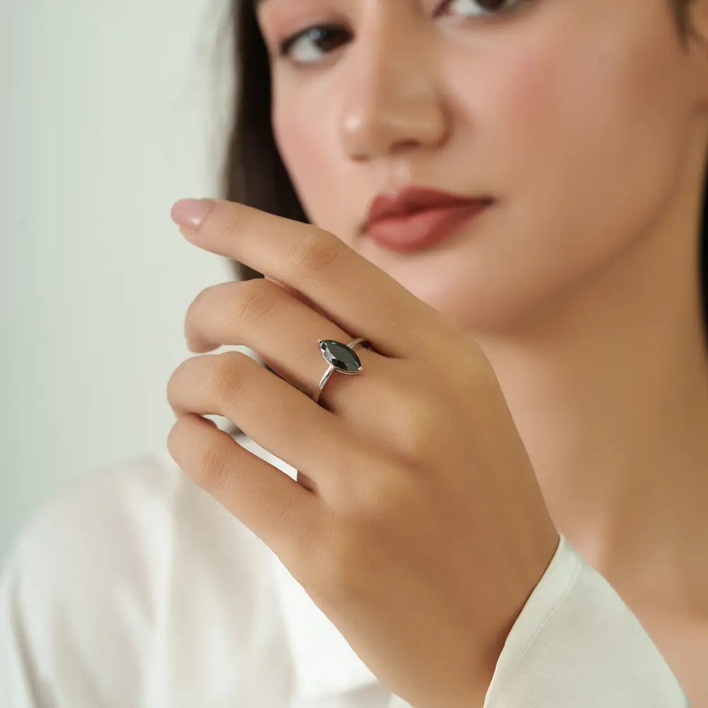 Wholesale Marquise Cut Black Diamond Solitaire Ring Real K14 White Gold Handmade Jewelry