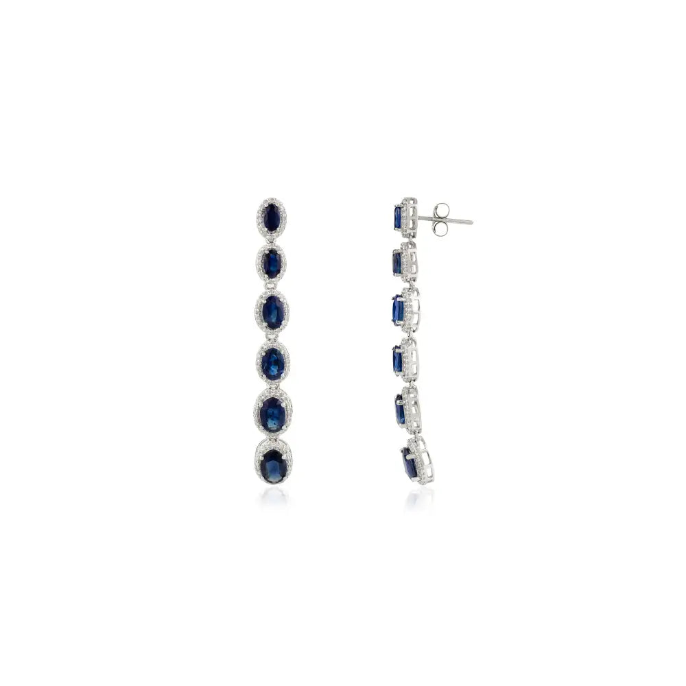 Graduated Set Gemstone Blue Sapphire & Diamond Long Dangle Earrings Real K14 Solid White Gold