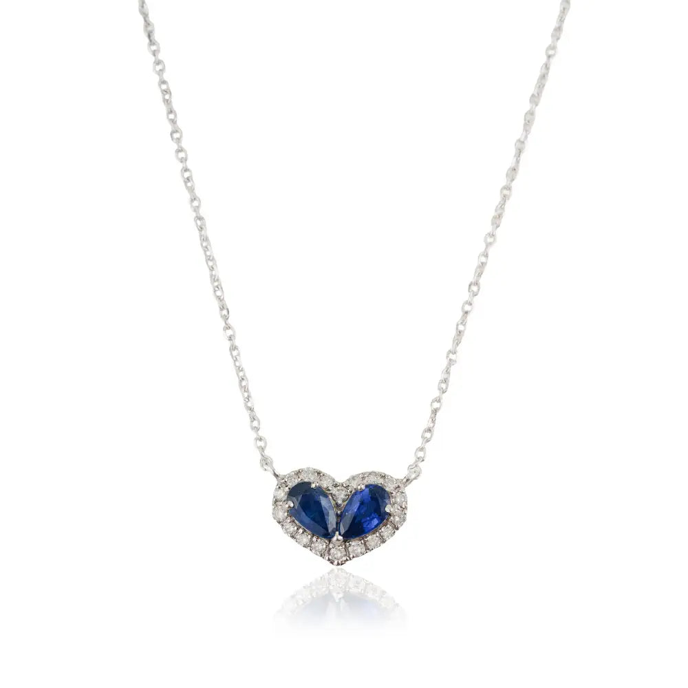 Customized 14K Solid White Gold Blue Sapphire & Diamond Heart Shape Halo Pendant Necklace