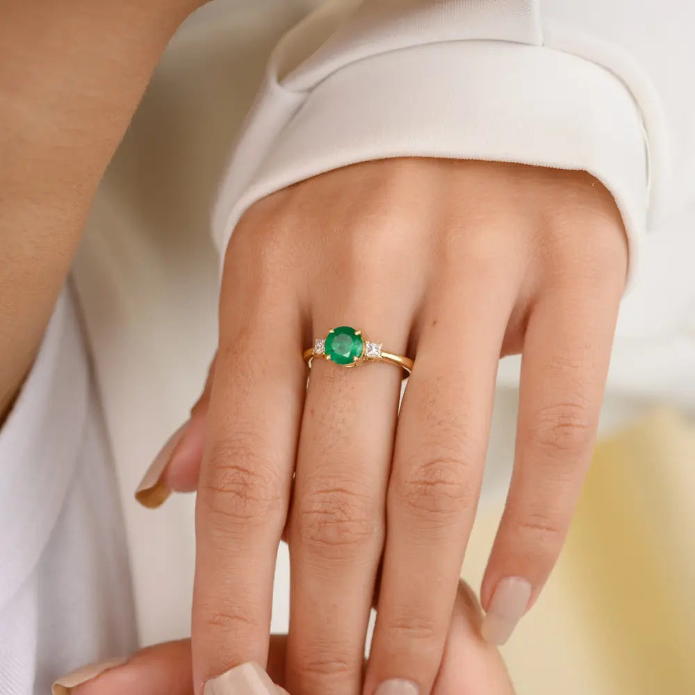 Trending Jewelry Emerald & Diamond 14K Yellow Gold Engagement Ring