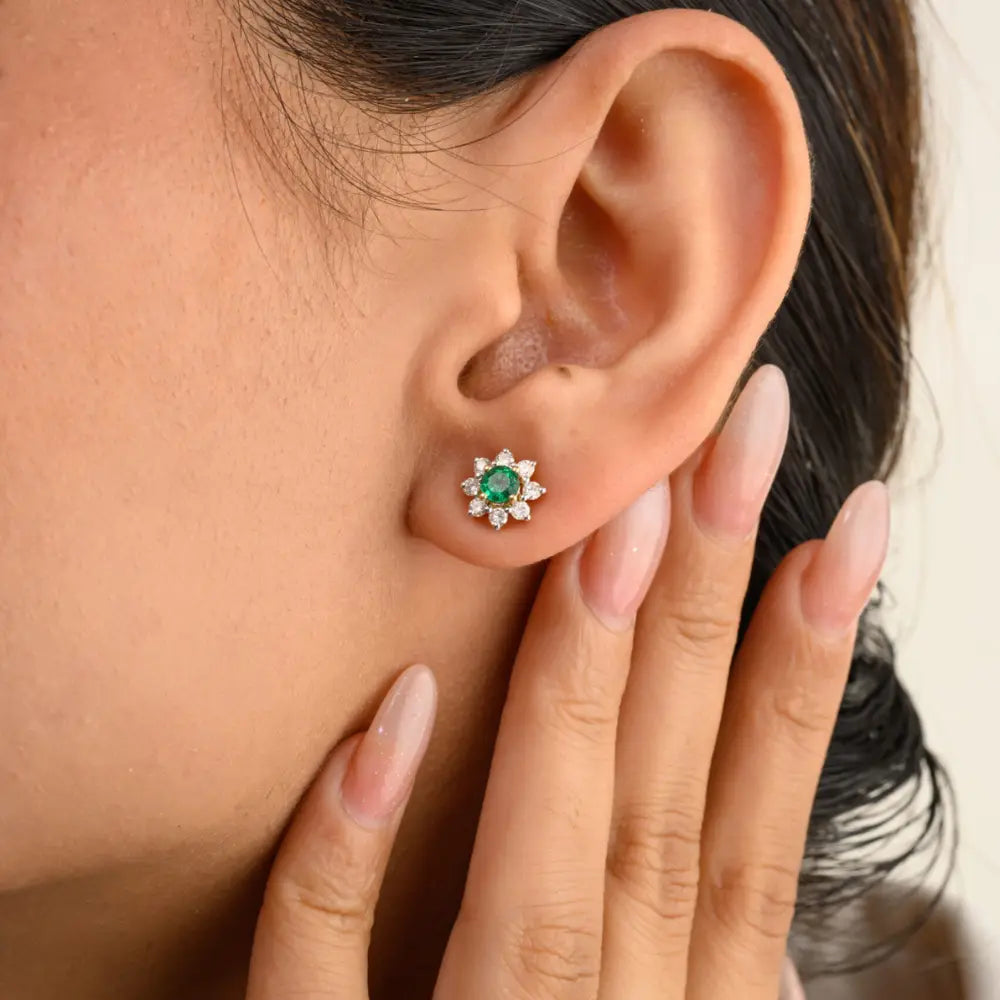 K14 Solid Yellow Gold Emerald & Diamond Flower Stud Earrings Minimal Jewelry