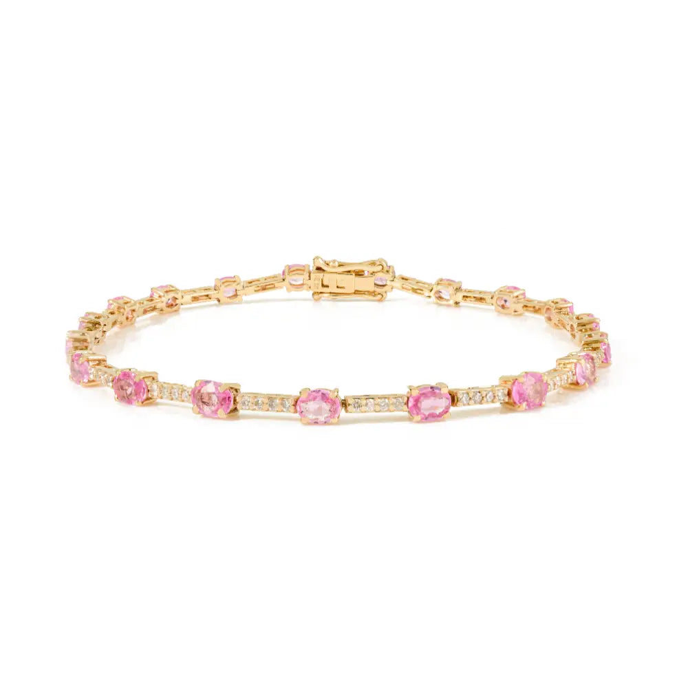 Simple Trending Design K14 Yellow Gold Pink Sapphire & Diamond Sleek Tennis Bracelet