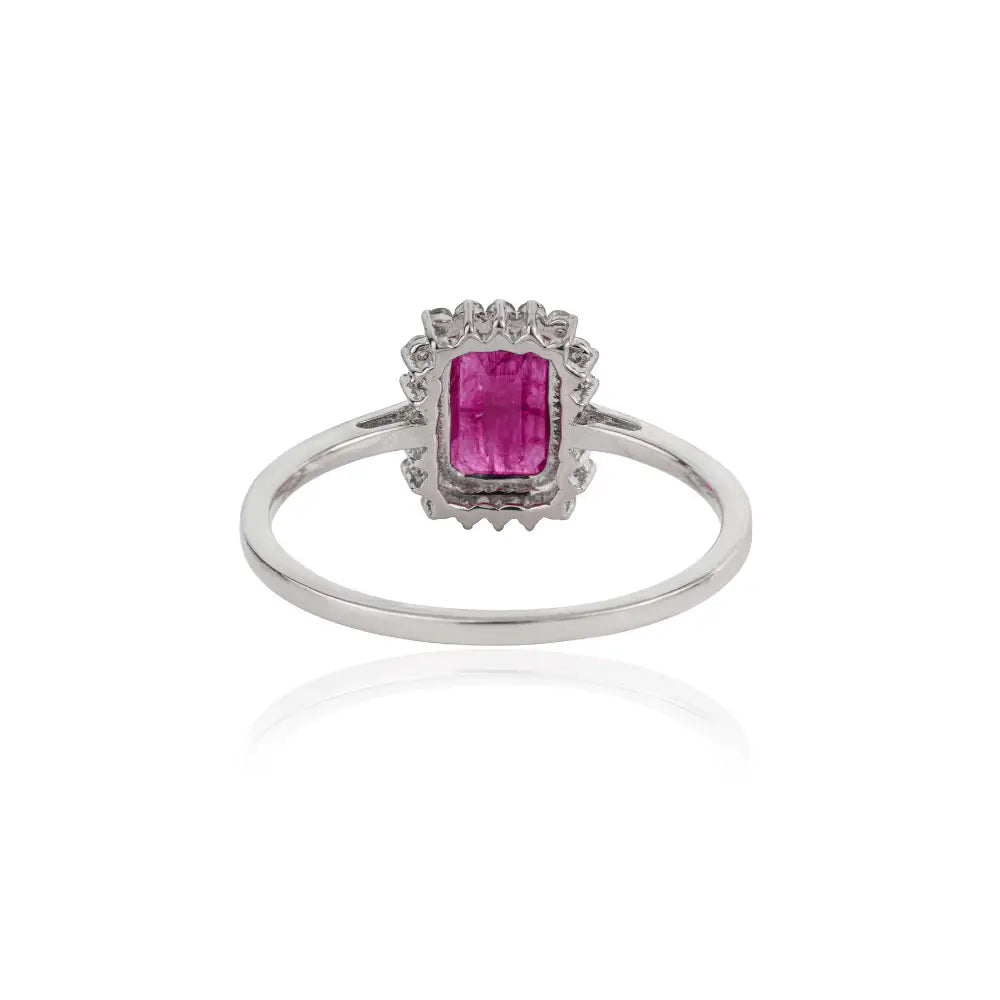 7x5mm Octagon Cut Ruby & Diamond Fine Cluster Ring Handmade 14K White Gold Jewelry