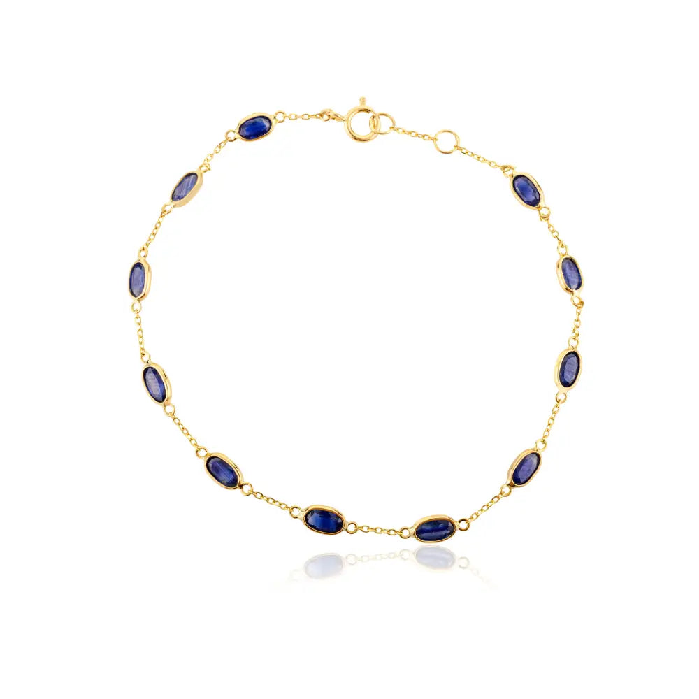 Everyday Wear Genuine Blue Sapphire Stackable Station Bracelet Real K18 Yellow Gold Jewelry