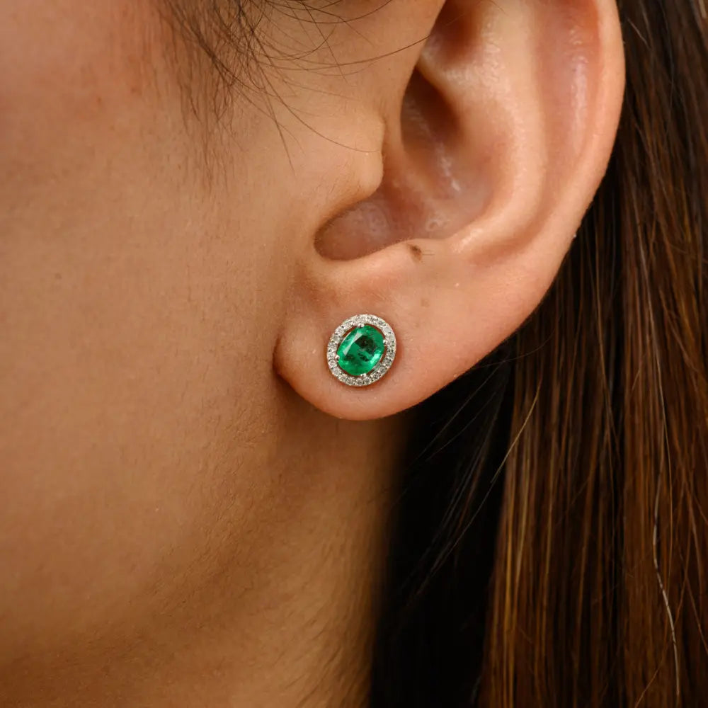 100% Natural Emerald & Diamond Sold White Gold 14K Stud Earrings