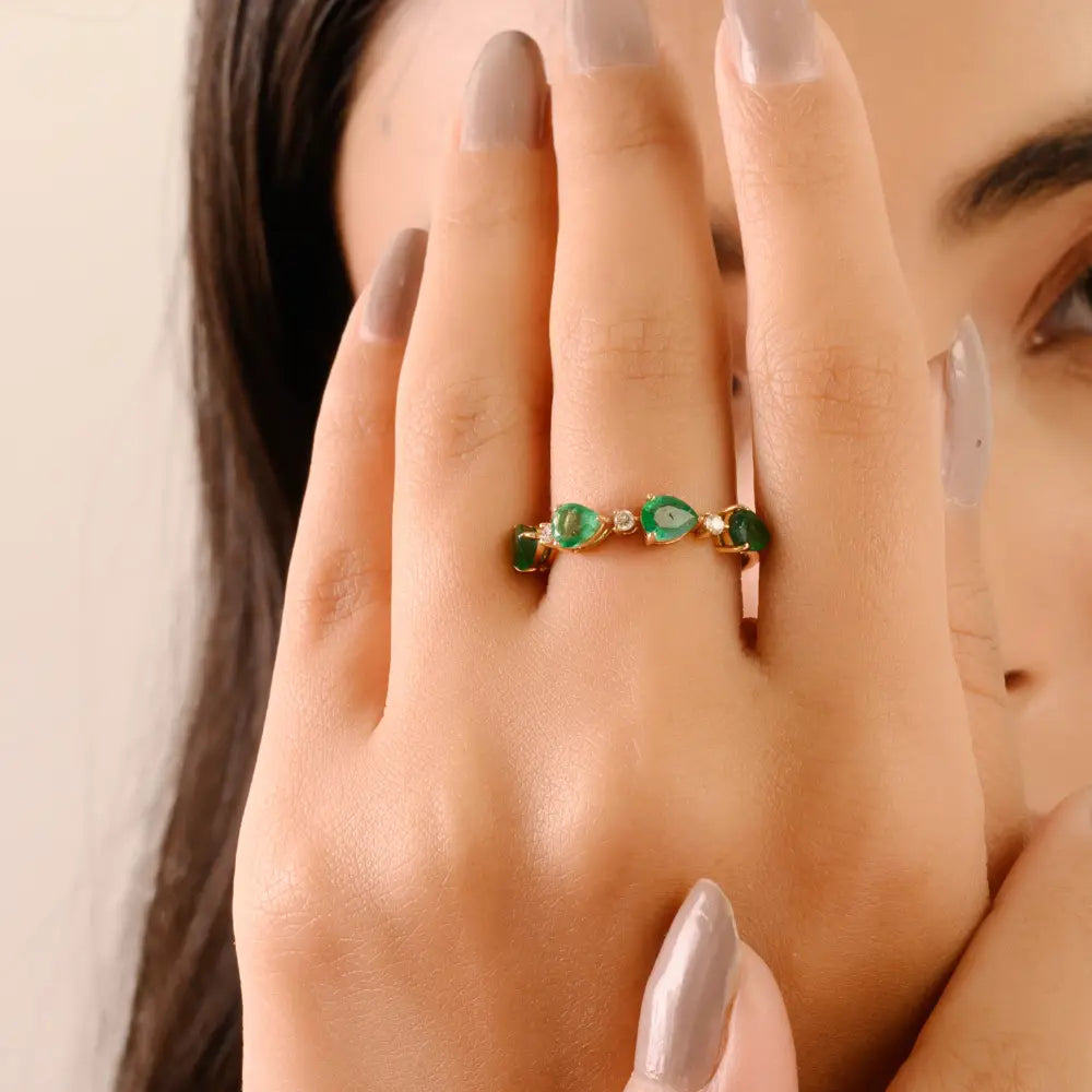 5x4 mm Pear Cut Emerald & Diamond Stackable Half Eternity Band Ring 14K Solid Yellow Gold