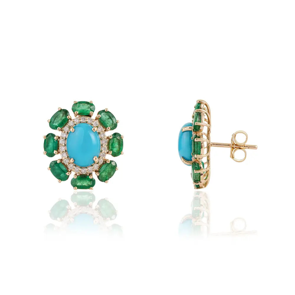 Floral Inspired Solid K14 Yellow Gold Emerald Turquoise & Diamond Statement Stud Earrings